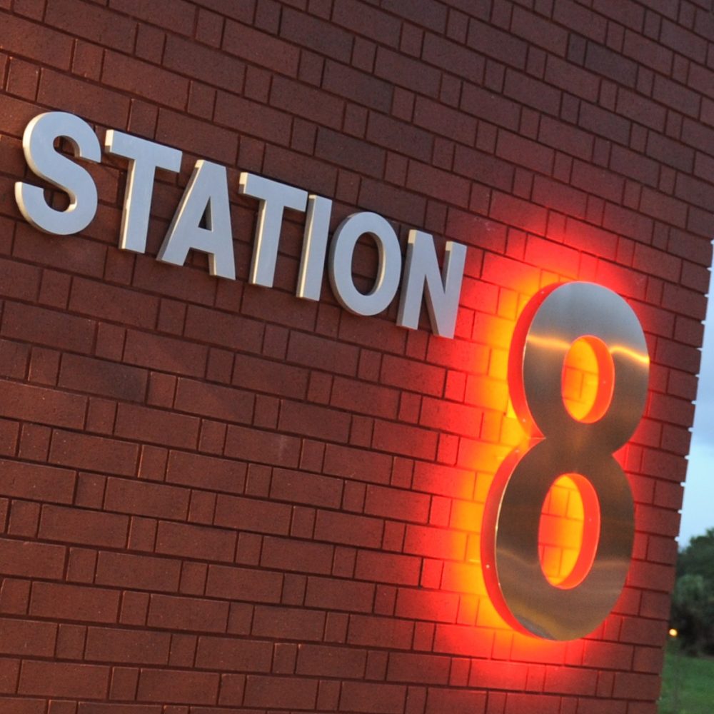 Fires Station 8 Sign at Night